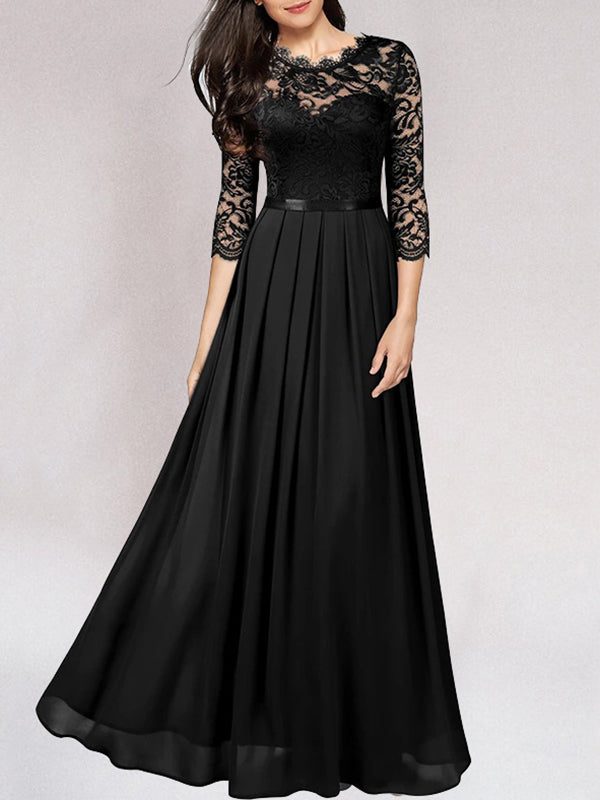 Lace Three Quarter Sleeve Maxi Dress for Women - Black