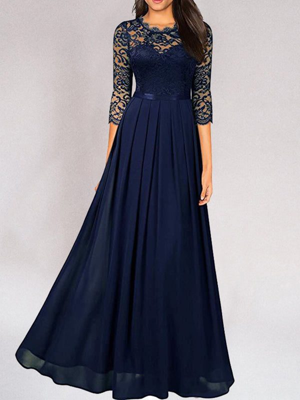 Lace Three Quarter Sleeve Maxi Dress for Women - Blue