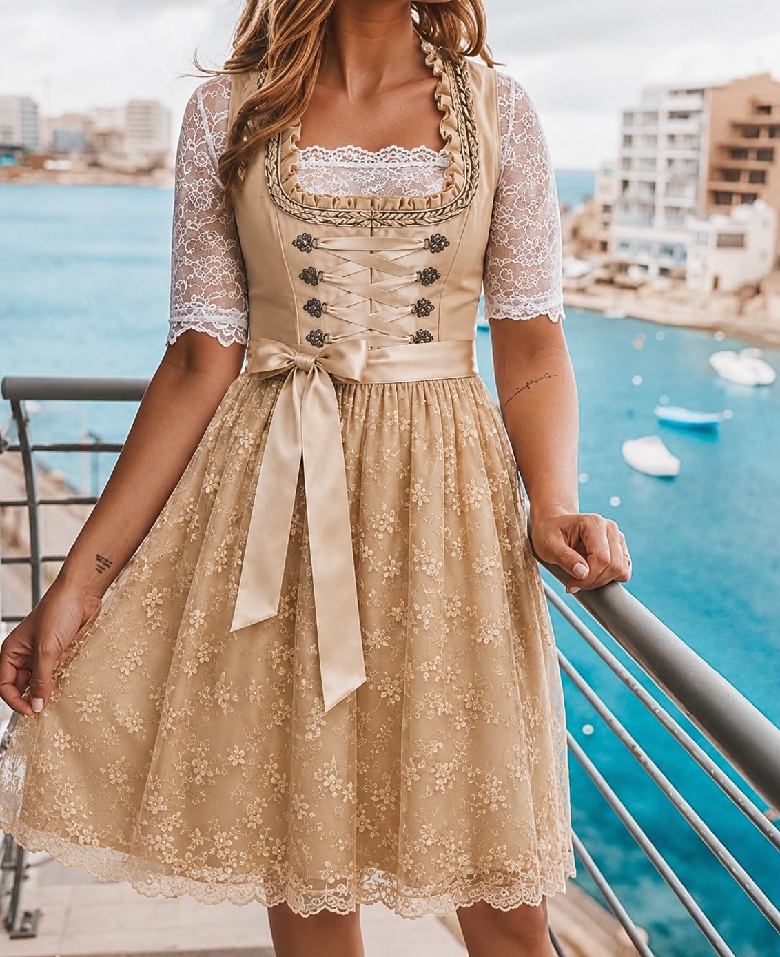 Lace-Up Corset Dirndl Dress with Lace Blouse for Women - View 4