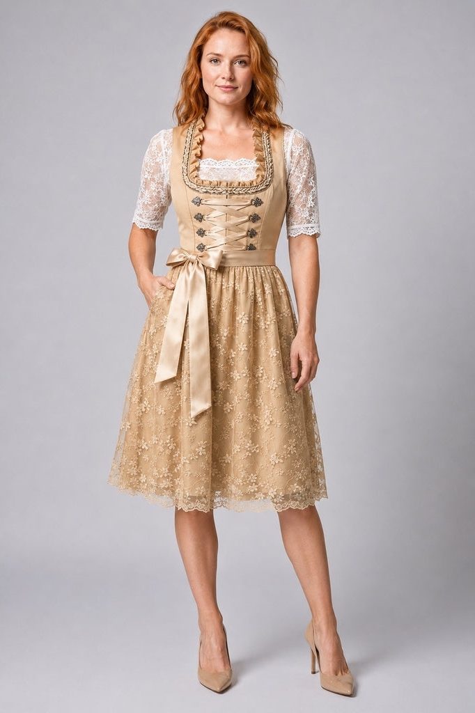 Lace-Up Corset Dirndl Dress with Lace Blouse for Women