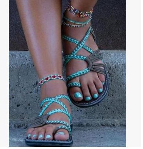 Lace-Up Flat Sandals for Women - Blue