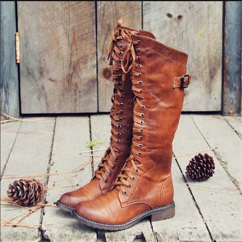 Lace-Up Knee High Leather Boots for Women