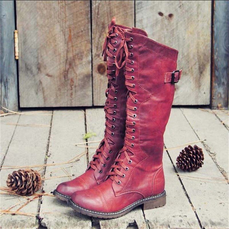 Lace-Up Knee High Leather Boots for Women - Red