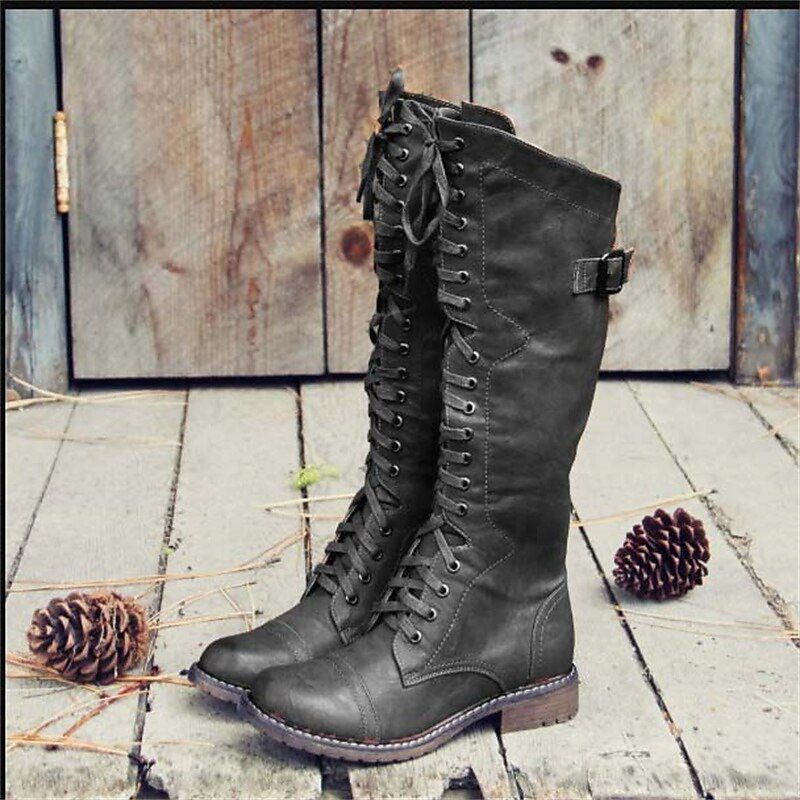 Lace-Up Knee High Leather Boots for Women - Black