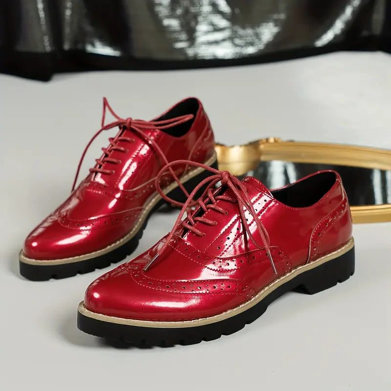 Lace-Up Patent Leather Oxford Shoes for Women - Red