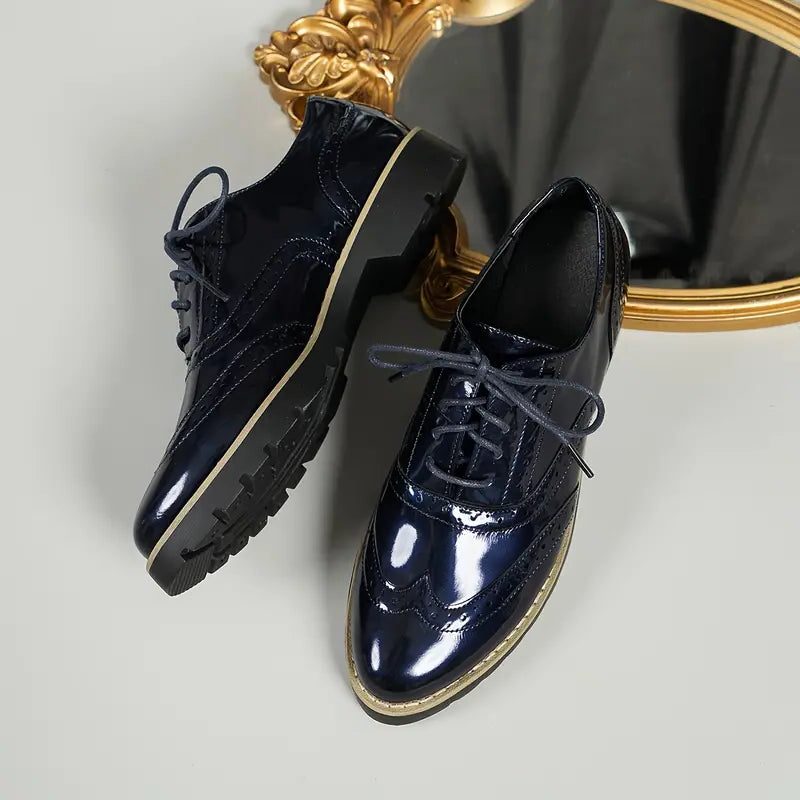 Lace-Up Patent Leather Oxford Shoes for Women - Blue