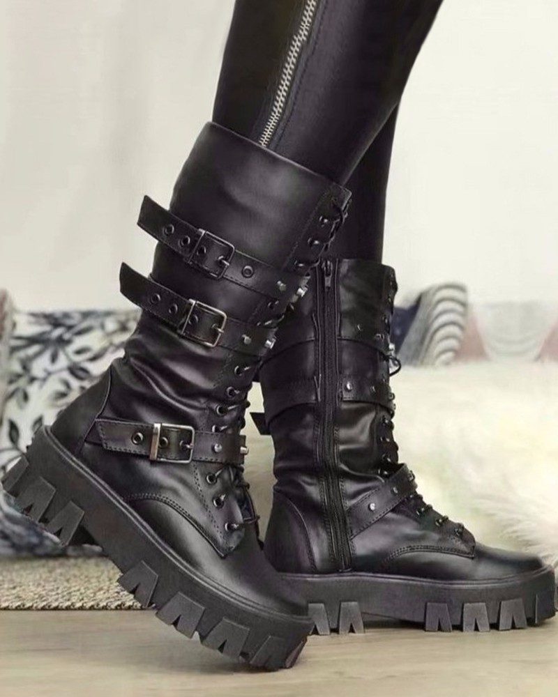 Lace-Up Platform Ankle Boots for Women - Black
