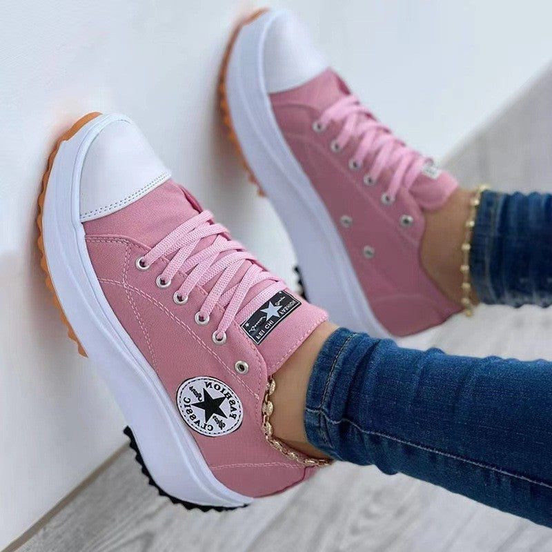 Lace-Up Platform Canvas Sneakers for Women - Pink