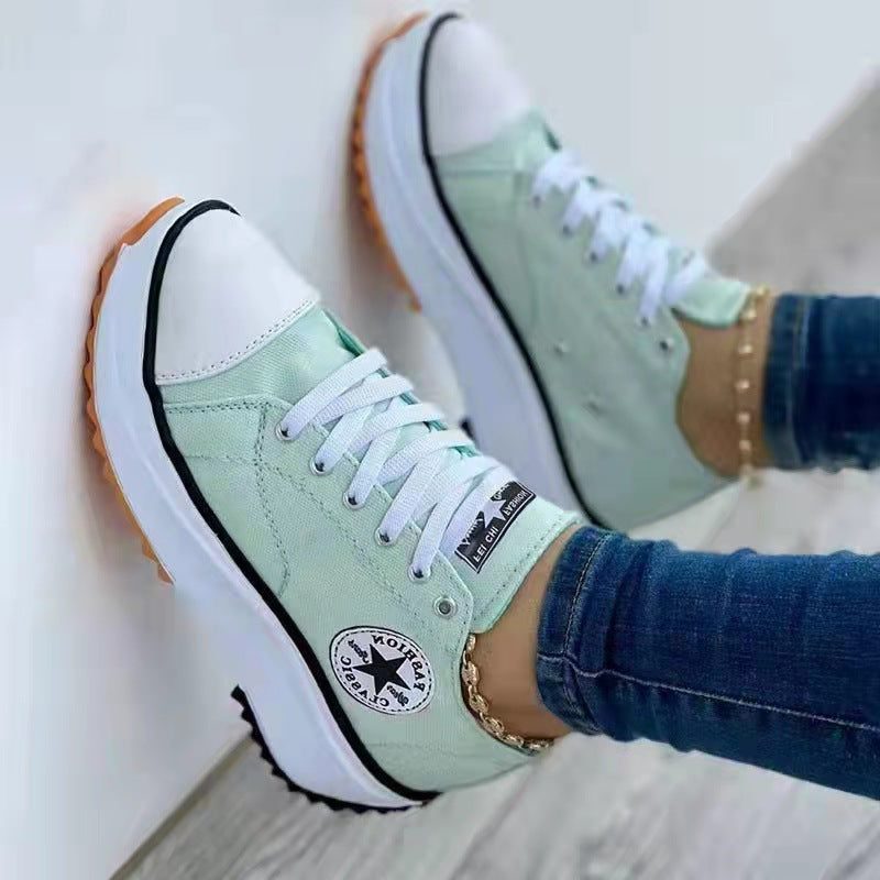 Lace-Up Platform Canvas Sneakers for Women - Green
