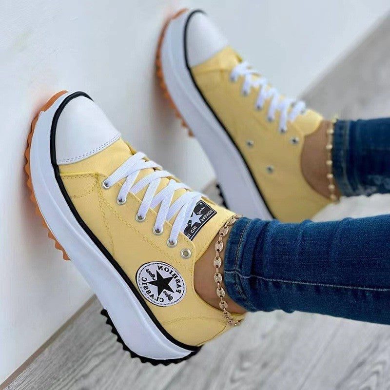 Lace-Up Platform Canvas Sneakers for Women - Yellow