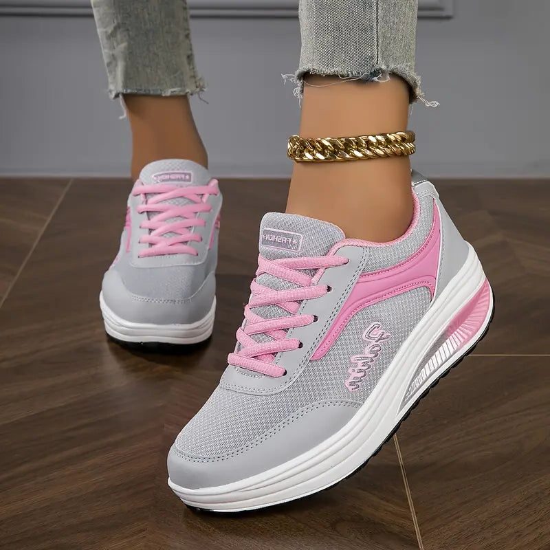 Lace-Up Platform Leather Sneakers for Women - Gray/Pink