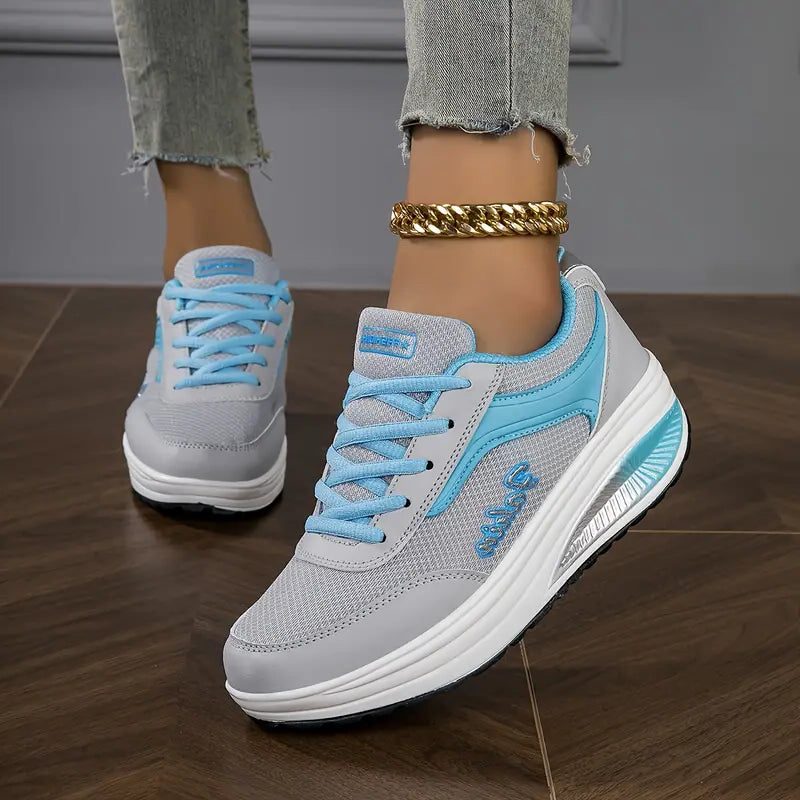 Lace-Up Platform Leather Sneakers for Women - Gray Blue