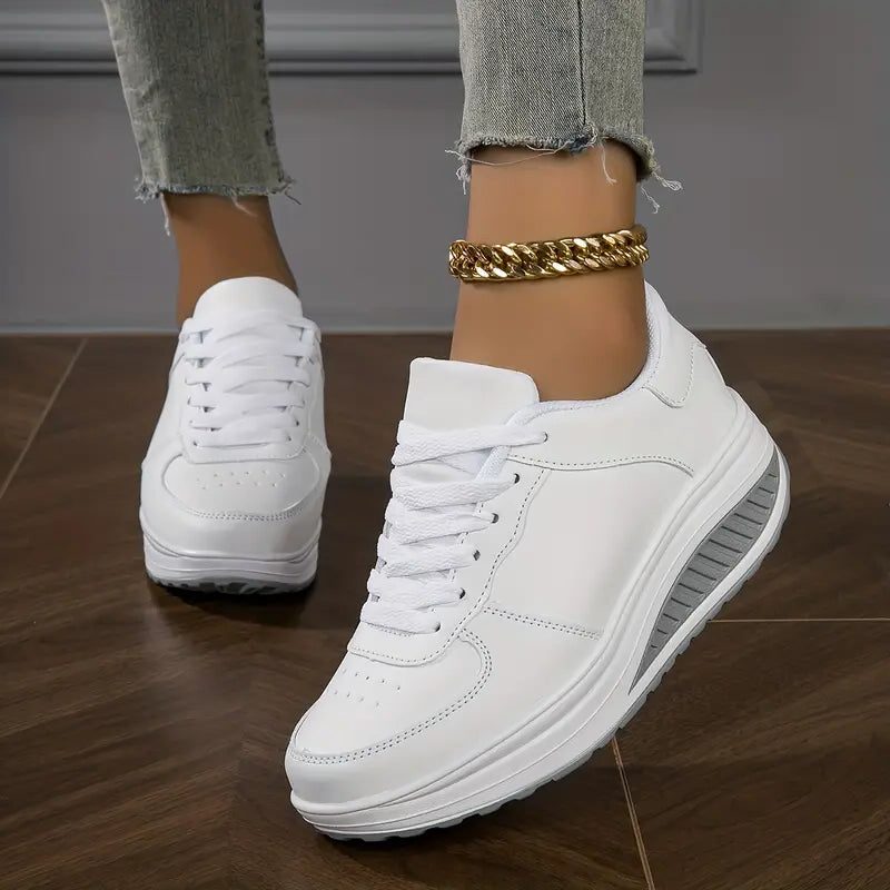 Lace-Up Platform Leather Sneakers for Women - White