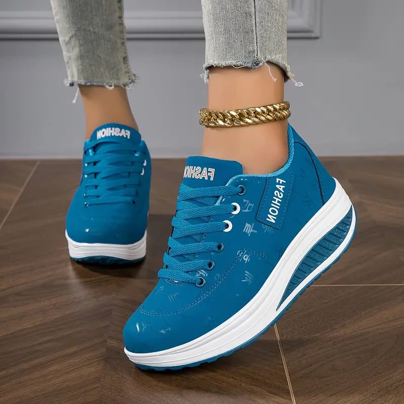 Lace-Up Platform Leather Sneakers for Women - Blue