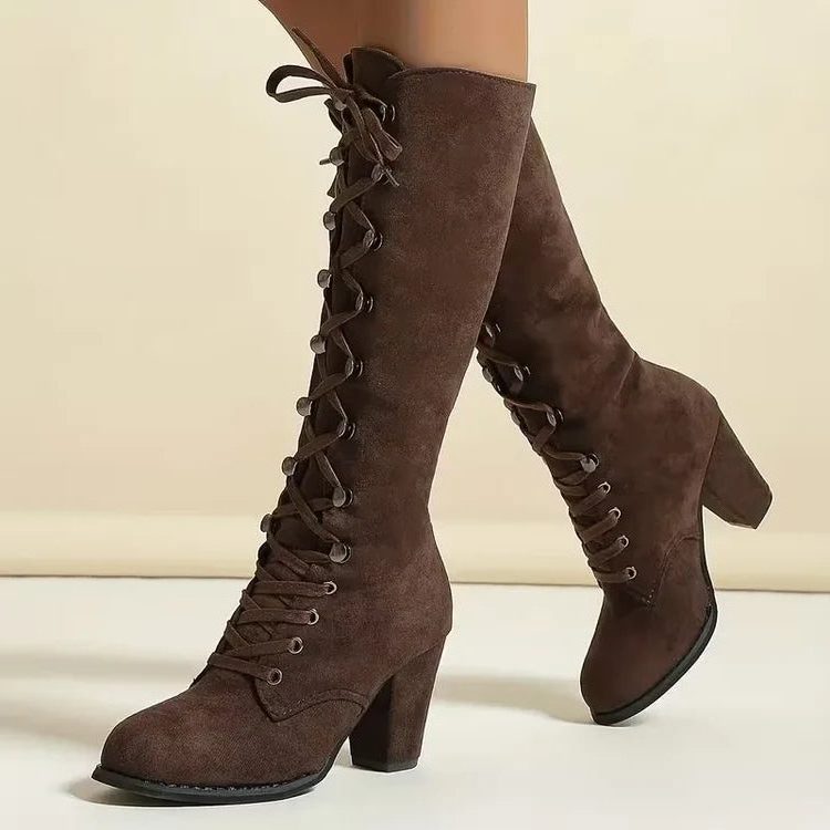 Lace-Up Suede Knee High Boots with Block Heel for Women