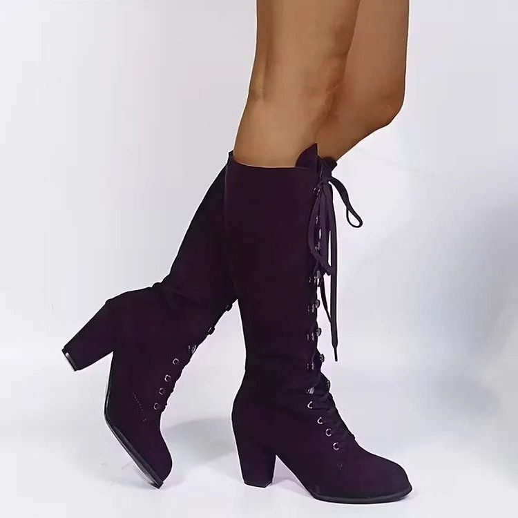 Lace-Up Suede Knee High Boots with Block Heel for Women - View 10
