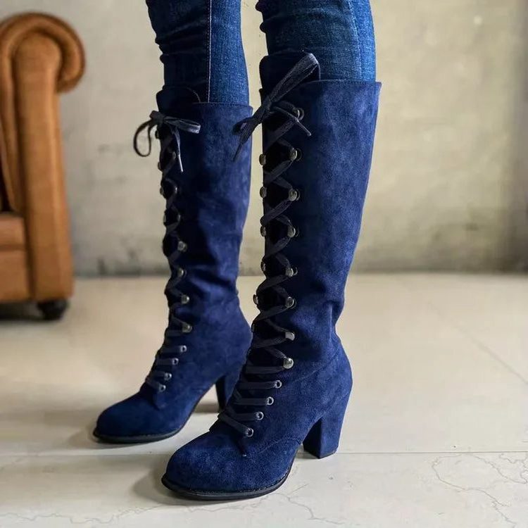 Lace-Up Suede Knee High Boots with Block Heel for Women - Blue