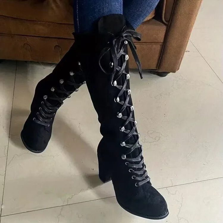 Lace-Up Suede Knee High Boots with Block Heel for Women - Black