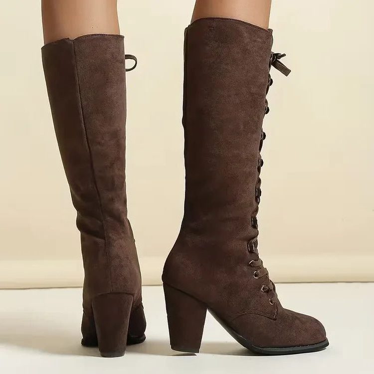 Lace-Up Suede Knee High Boots with Block Heel for Women - View 3