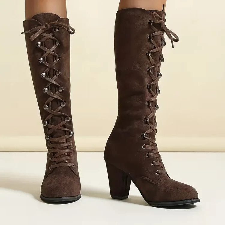 Lace-Up Suede Knee High Boots with Block Heel for Women - View 4
