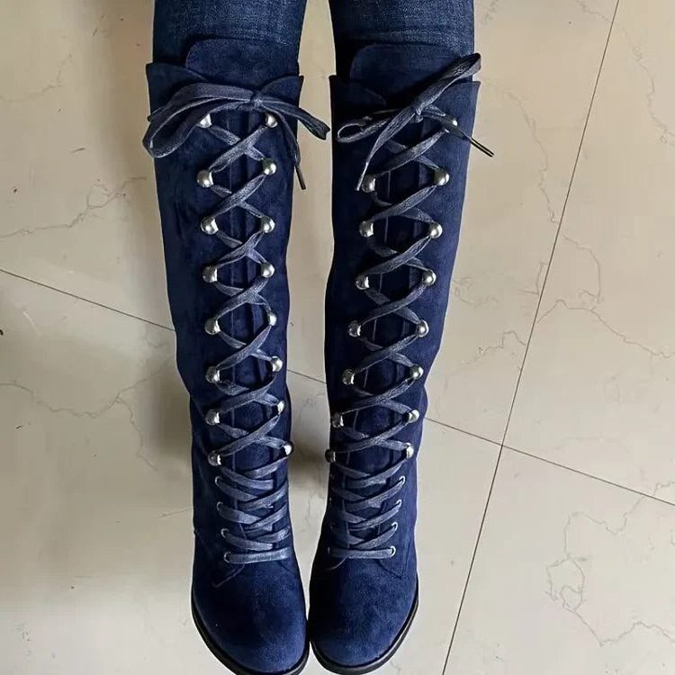 Lace-Up Suede Knee High Boots with Block Heel for Women - View 7