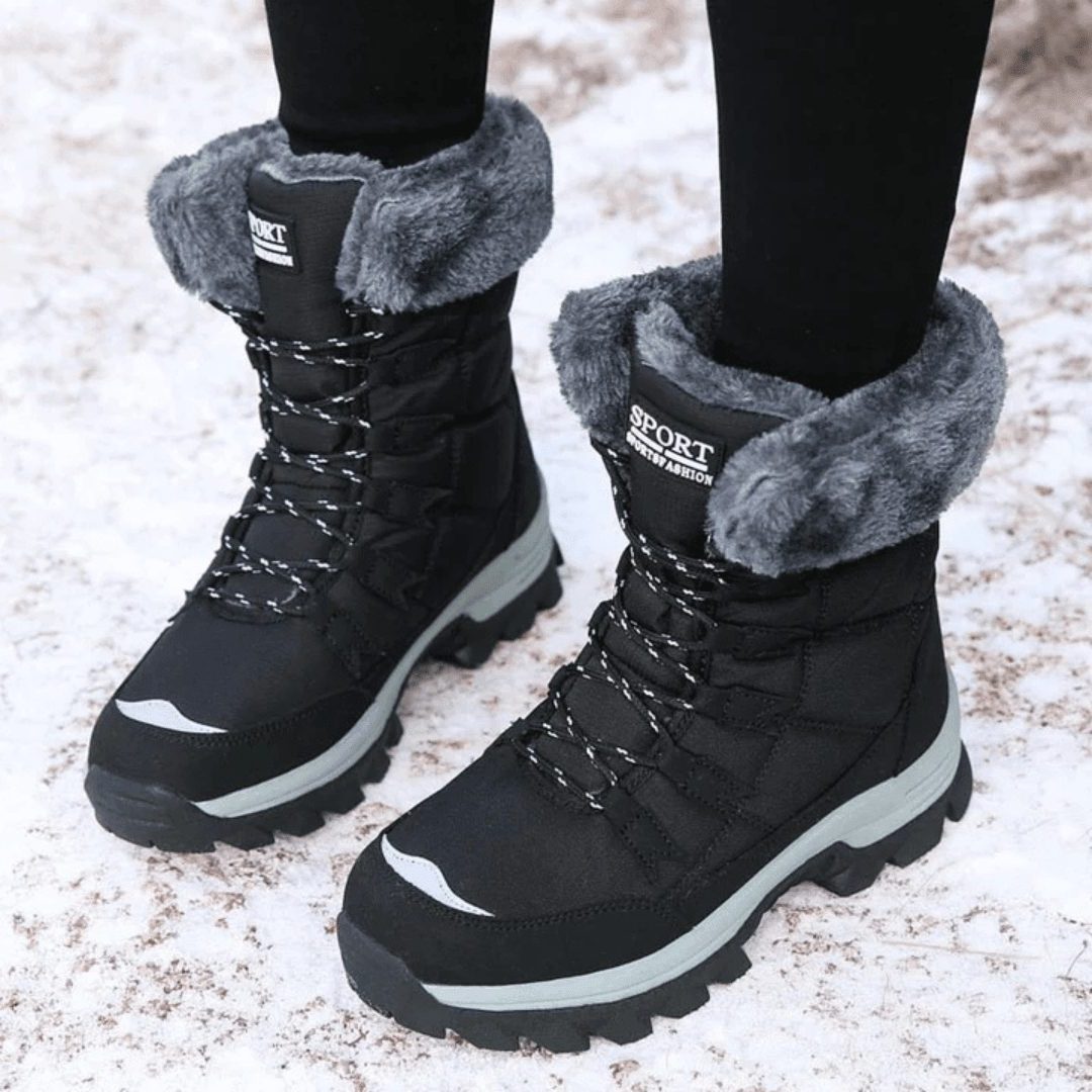 Lace-Up Winter Boots with Faux Fur Lining for Women - Black