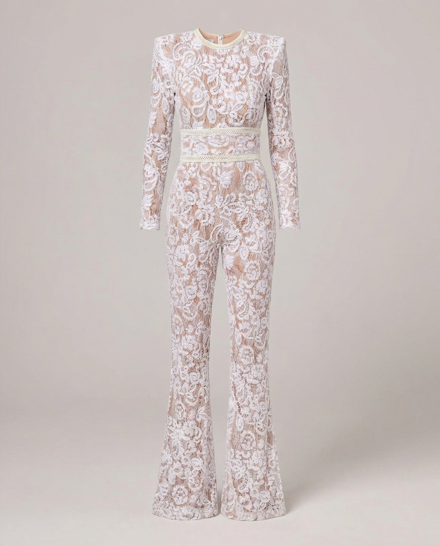 Lace Wide Leg Bell Bottom Jumpsuit for Women - White
