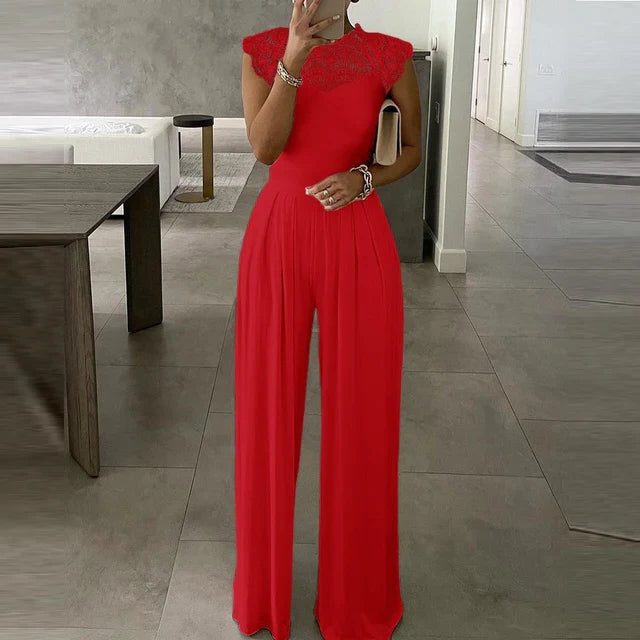 Lace Wide Leg Jumpsuit with Cap Sleeves for Women