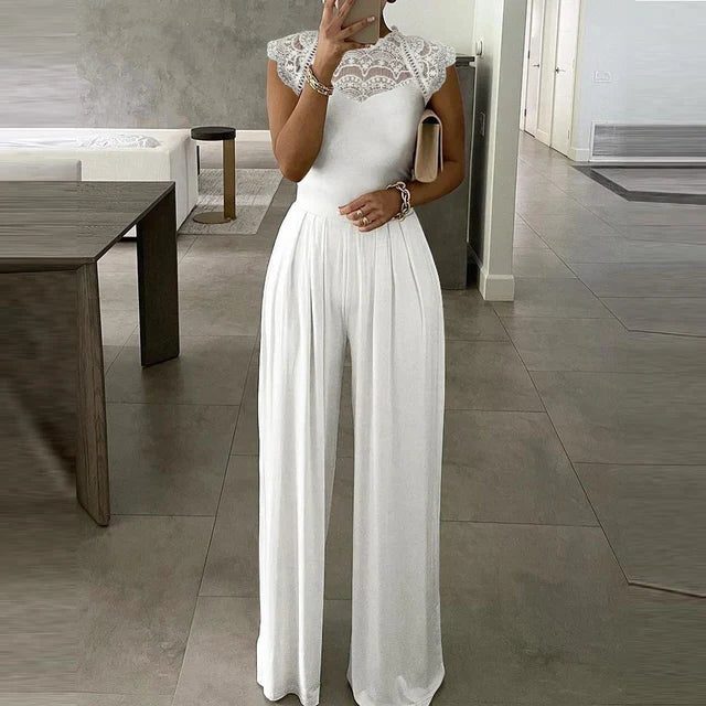 Lace Wide Leg Jumpsuit with Cap Sleeves for Women