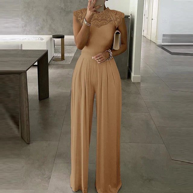 Lace Wide Leg Jumpsuit with Cap Sleeves for Women