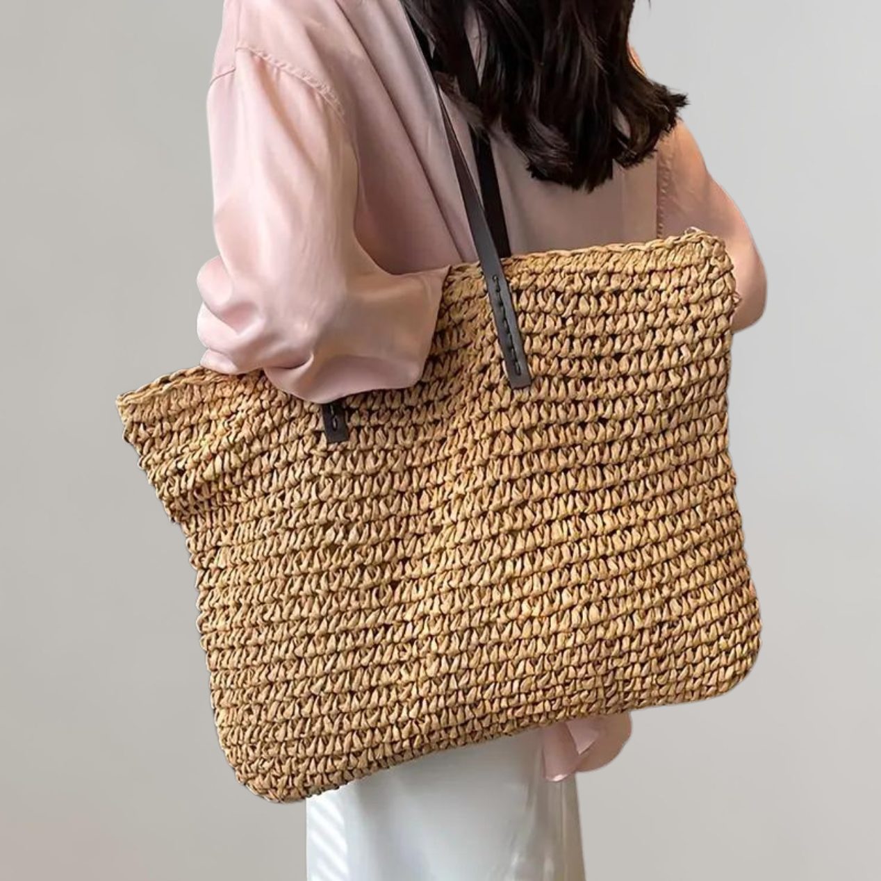 Large Woven Tote Bag for Women - Khaki