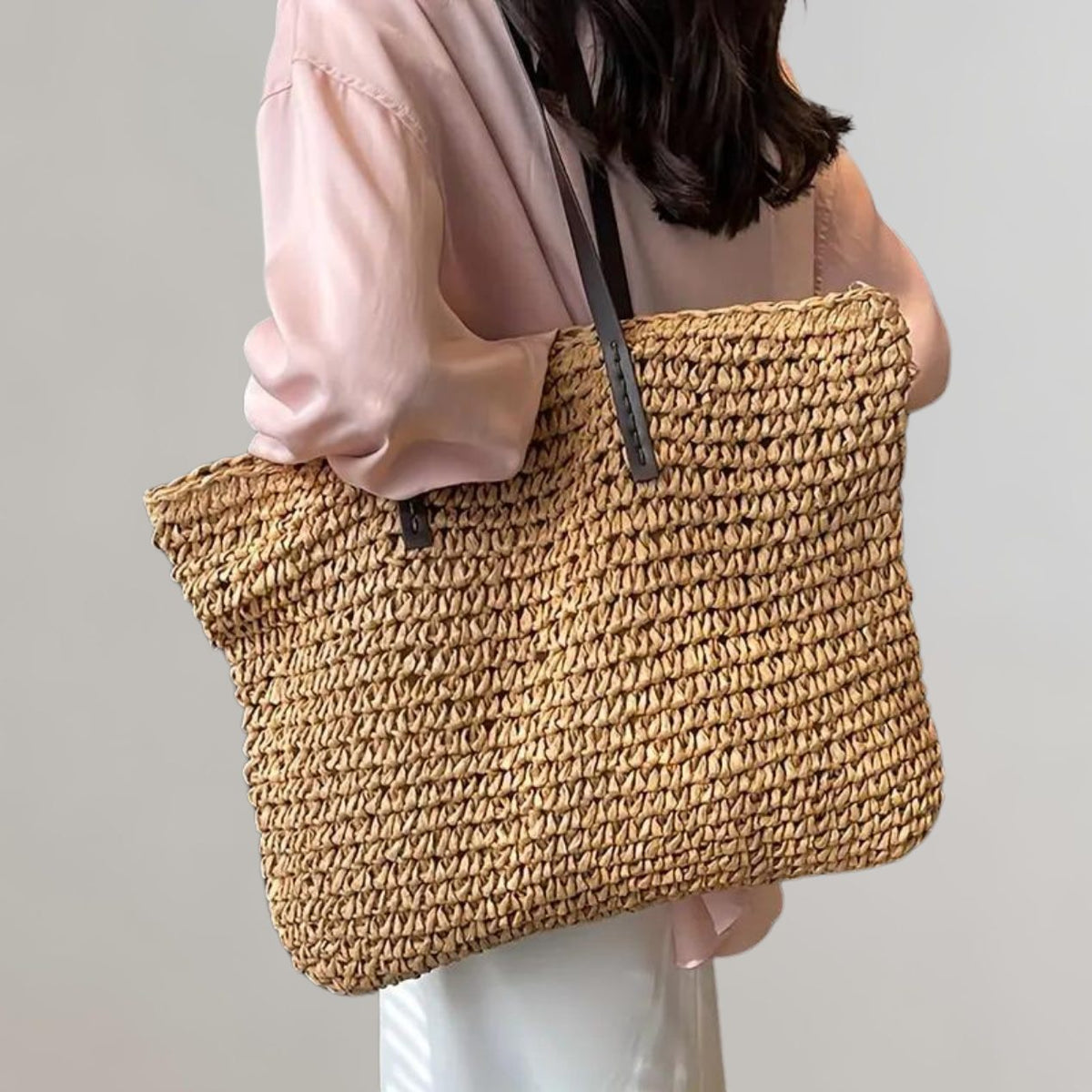 Large Woven Tote Bag for Women - Khaki
