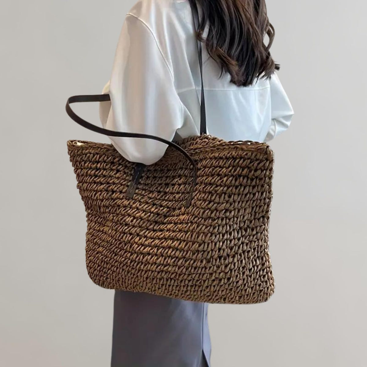Large Woven Tote Bag for Women - Coffee