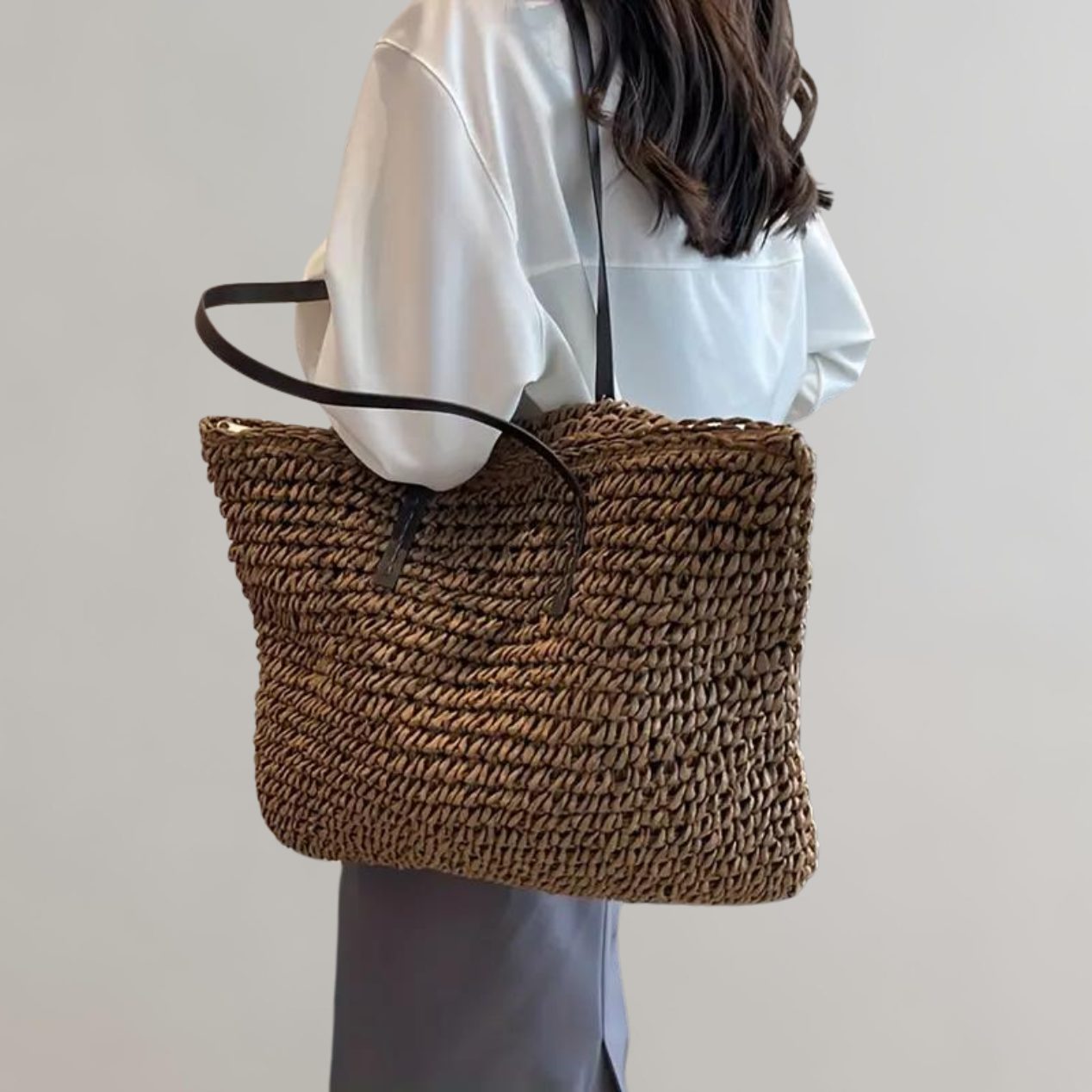 Large Woven Tote Bag for Women - Coffee
