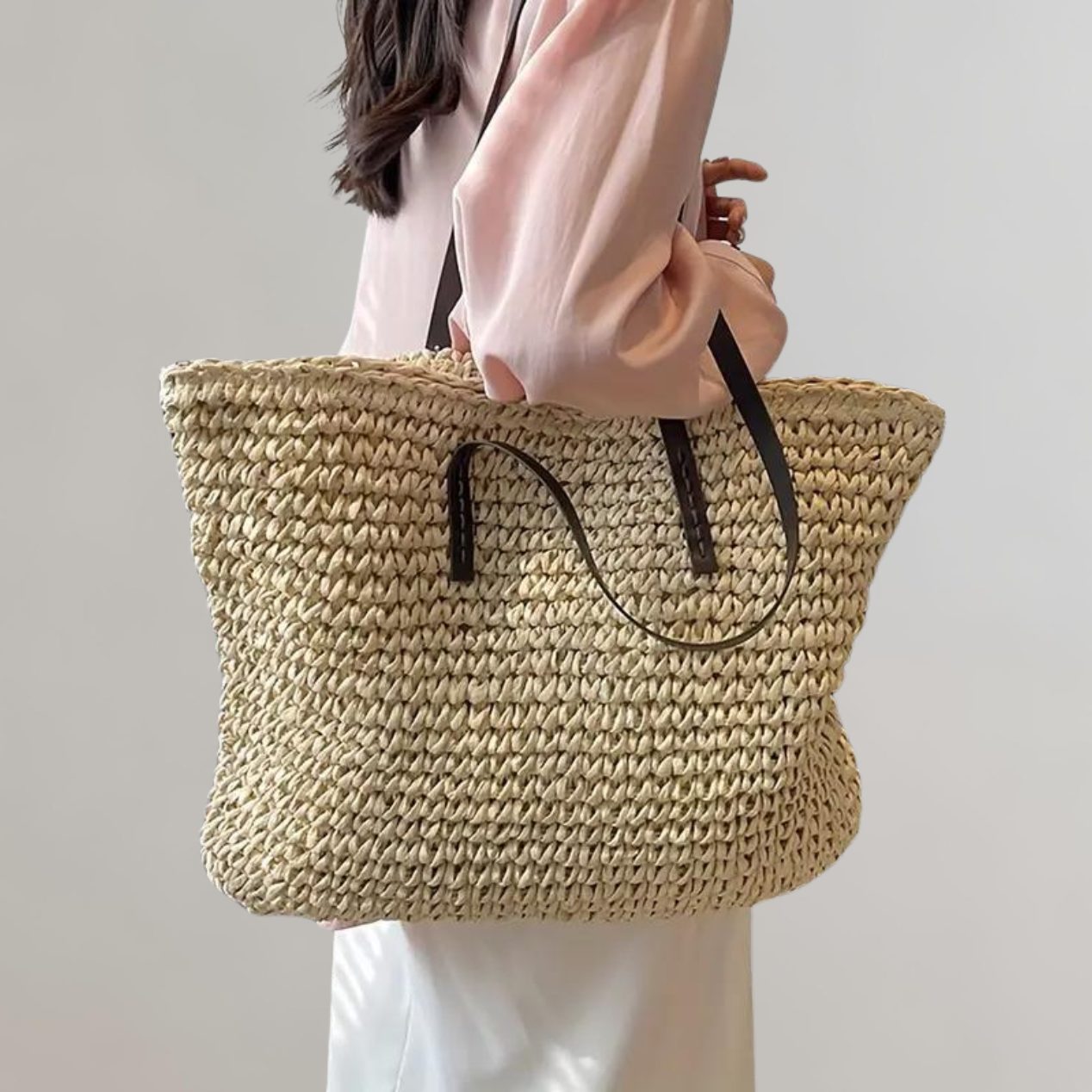 Large Woven Tote Bag for Women - Beige
