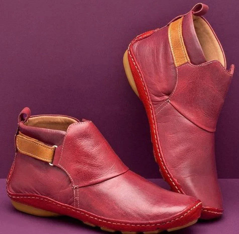 Leather Ankle Boots with Buckle Detail for Women - Red