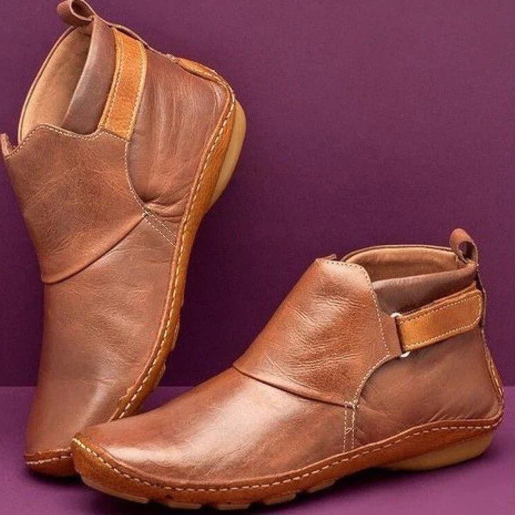 Leather Ankle Boots with Buckle Detail for Women - Brown