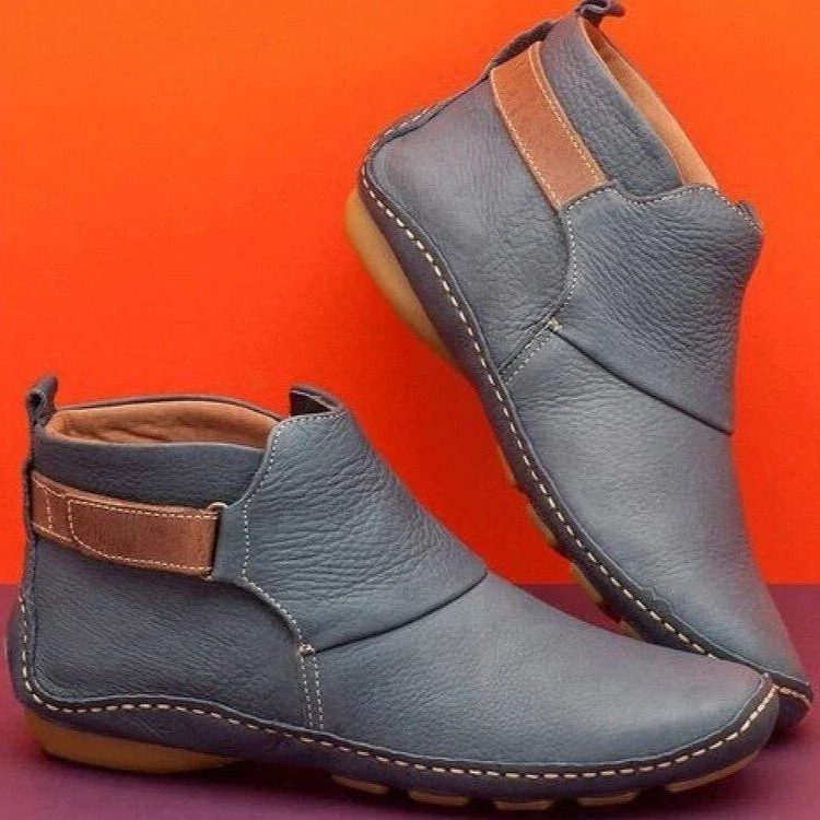 Leather Ankle Boots with Buckle Detail for Women - Gray