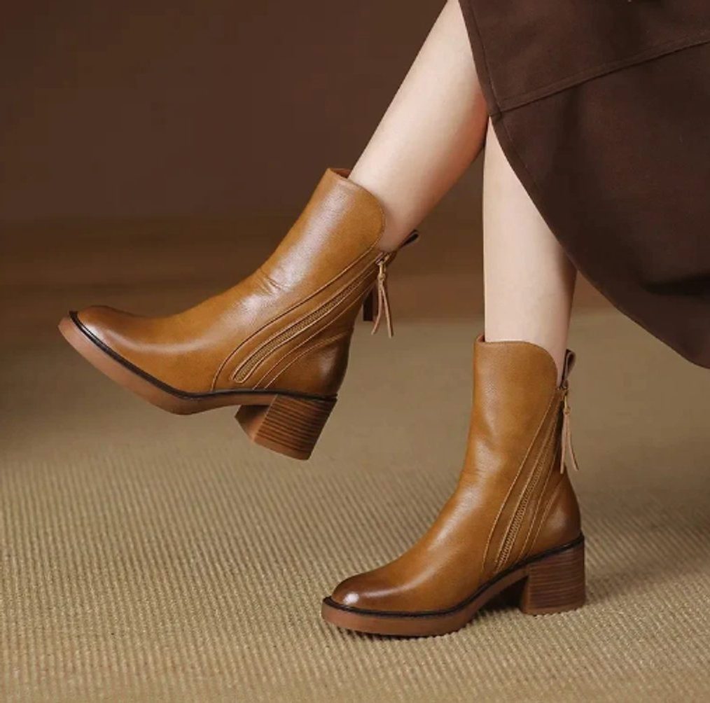 Leather Block Heel Ankle Boots with Side Zip for Women