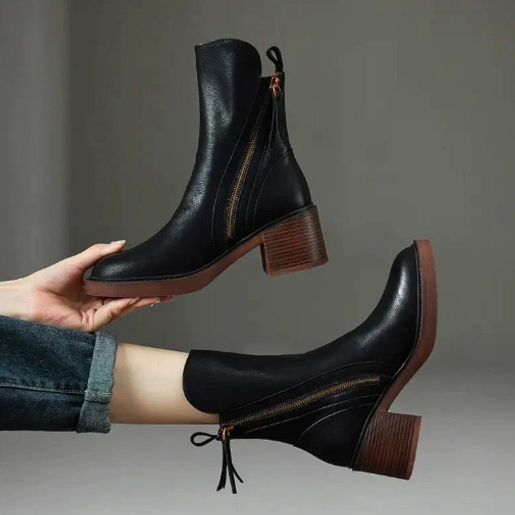 Leather Block Heel Ankle Boots with Side Zip for Women - Black