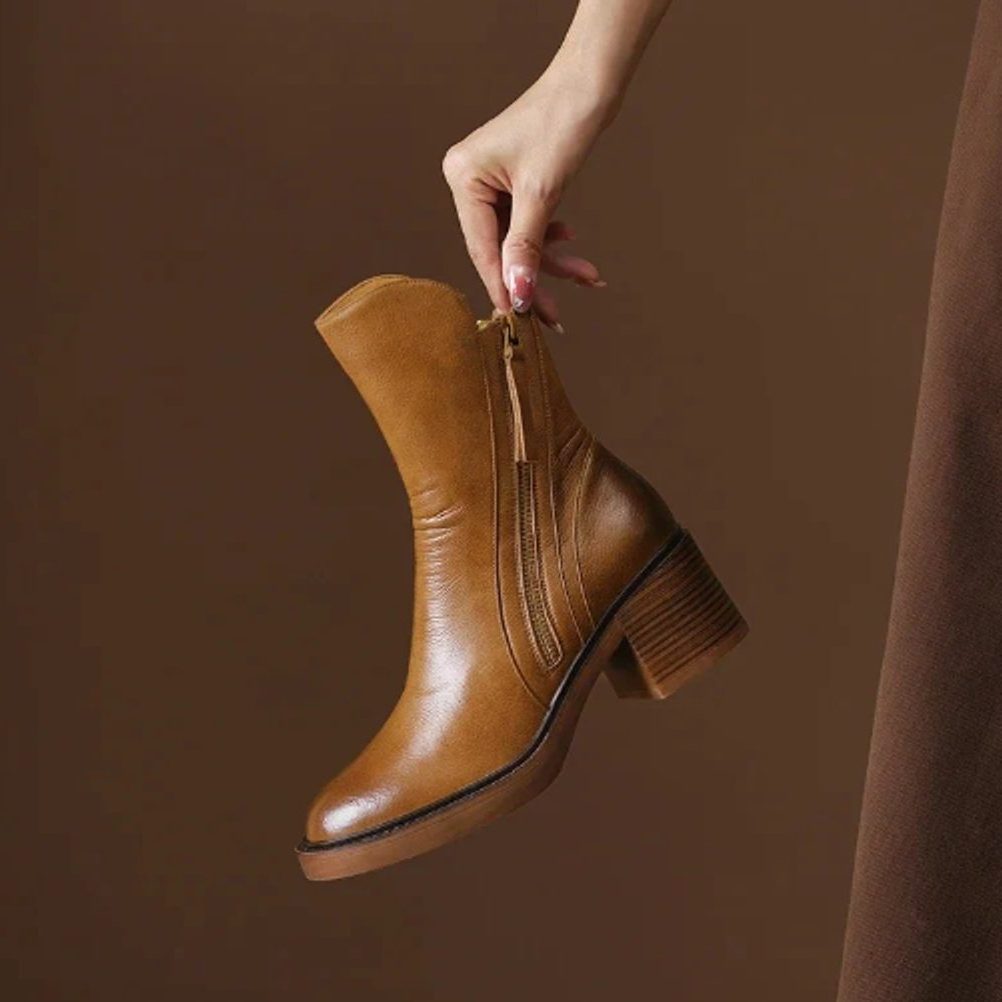 Leather Block Heel Ankle Boots with Side Zip for Women - View 2