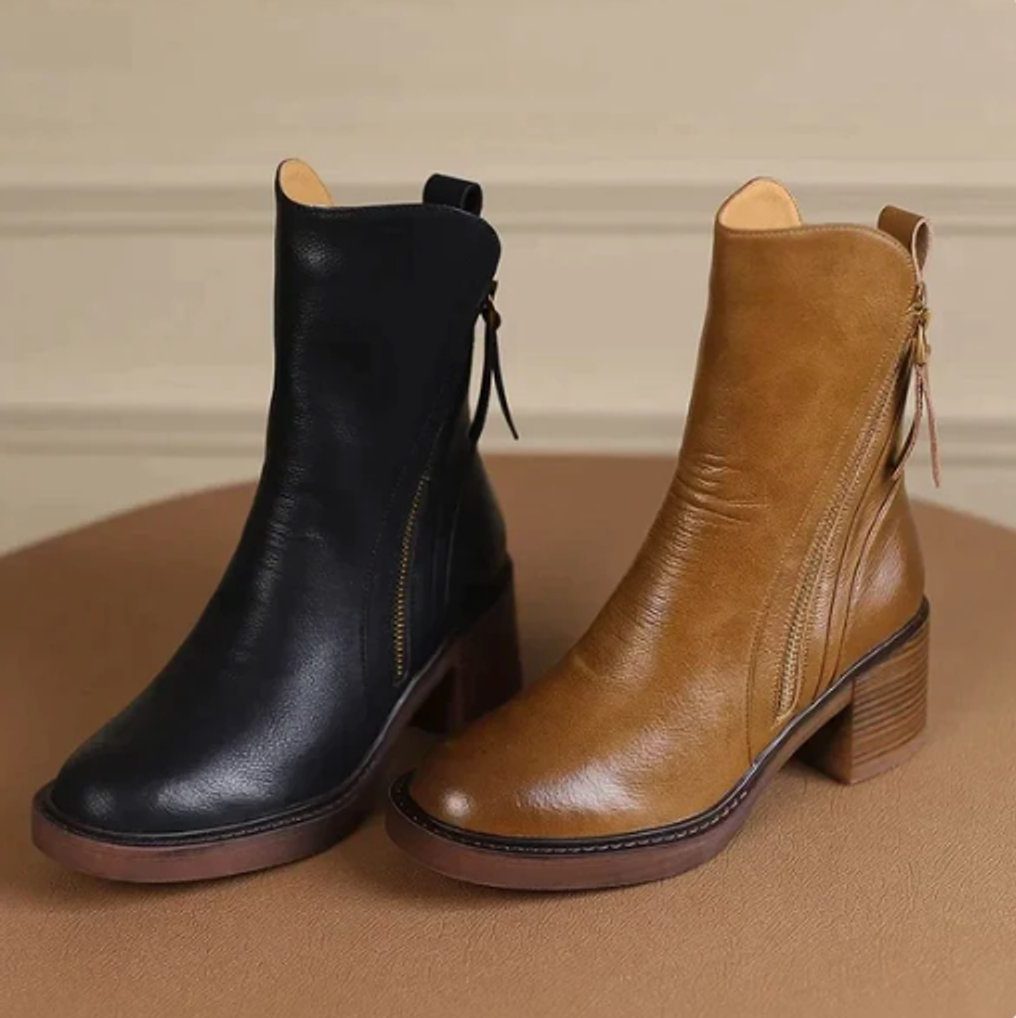 Leather Block Heel Ankle Boots with Side Zip for Women - View 3