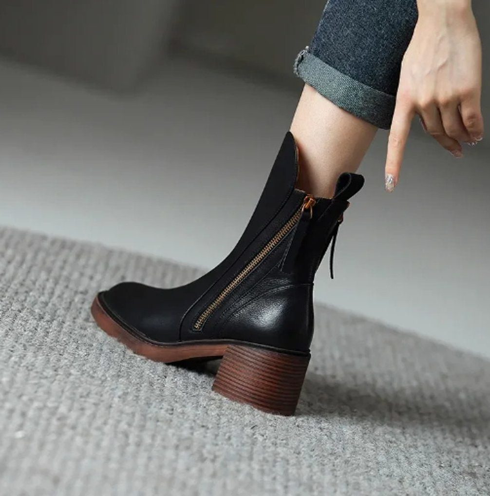 Leather Block Heel Ankle Boots with Side Zip for Women - View 5