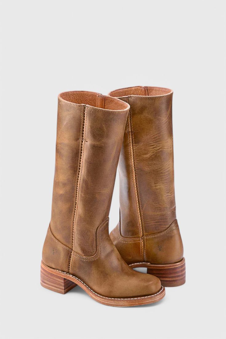 Leather Knee High Boots with Block Heel for Women - Light brown