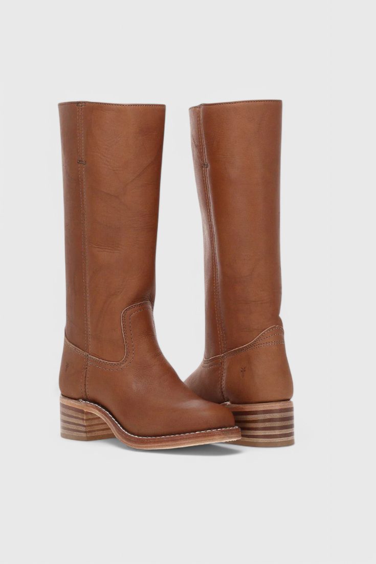 Leather Knee High Boots with Block Heel for Women - Dark Brown