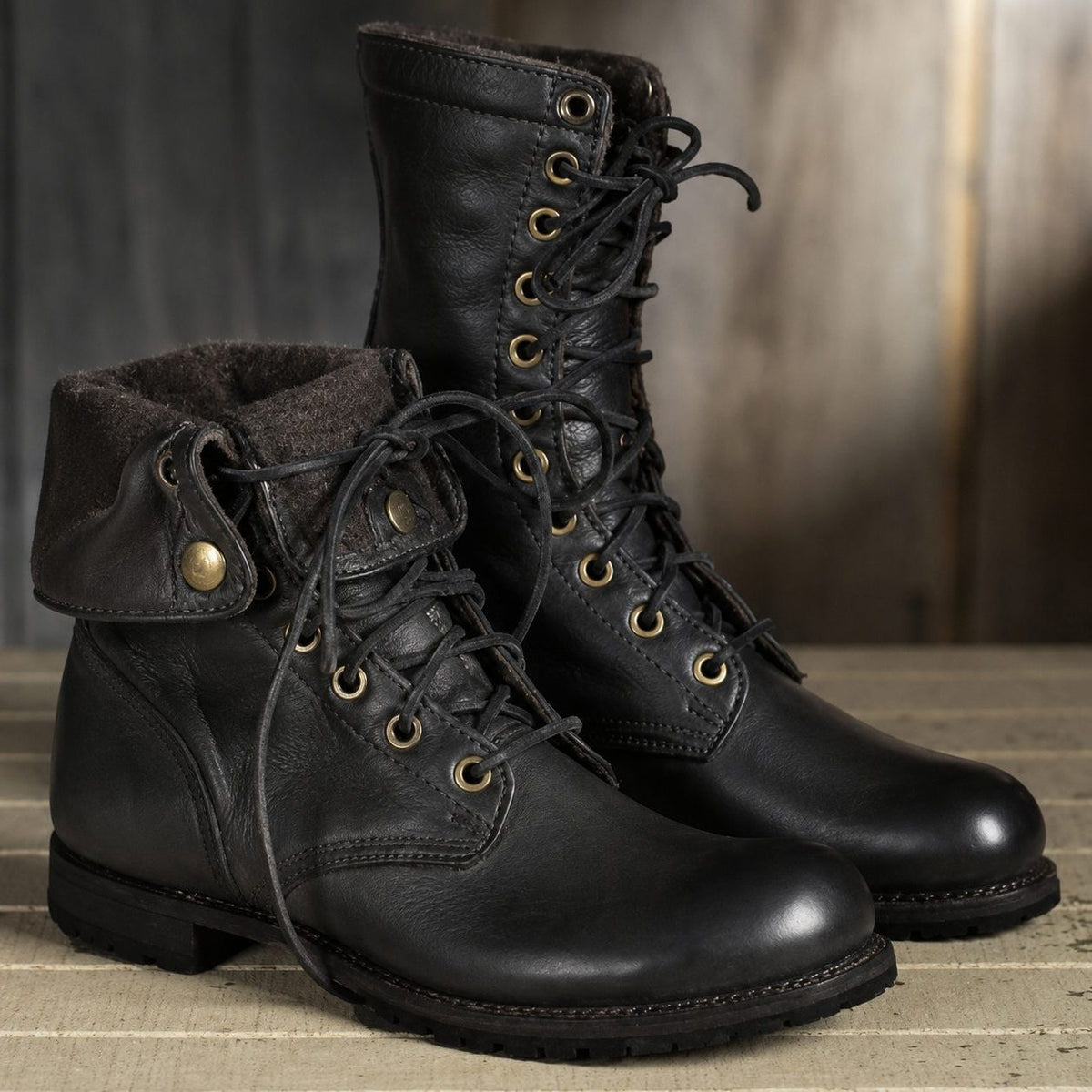 Leather Lace-Up Mid-Calf Boots for Women - Black