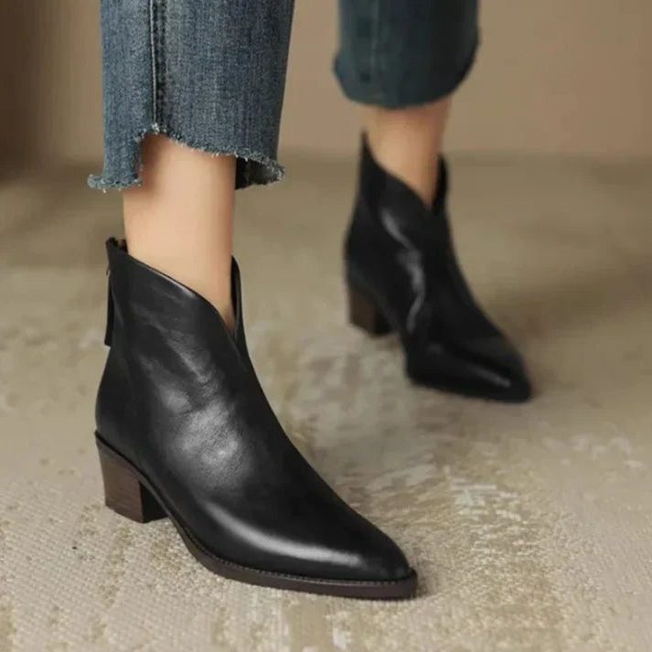 Leather Pointed Toe Ankle Boots for Women - Black