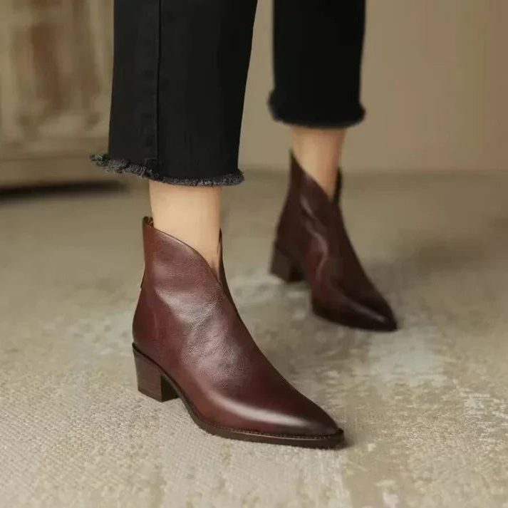 Leather Pointed Toe Ankle Boots for Women - Brown