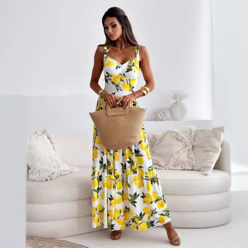 Lemon Print Sleeveless Maxi Dress for Women