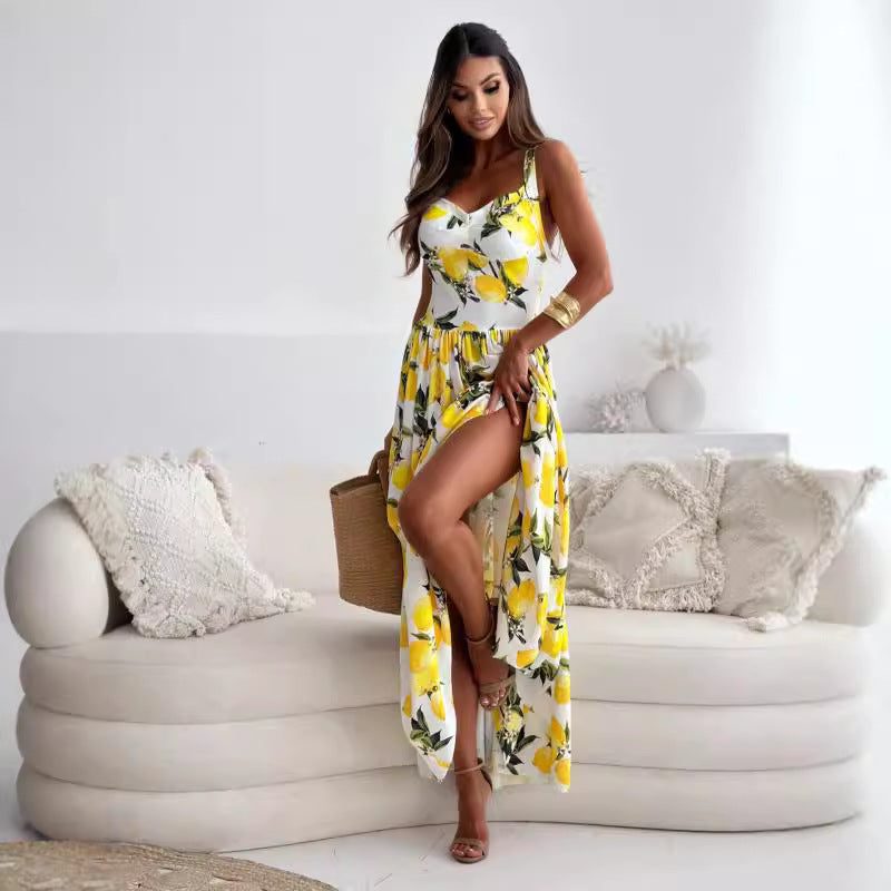 Lemon Print Sleeveless Maxi Dress for Women